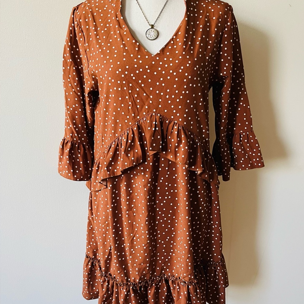 Elegant Brown Polka Dot Long Sleeve Dress